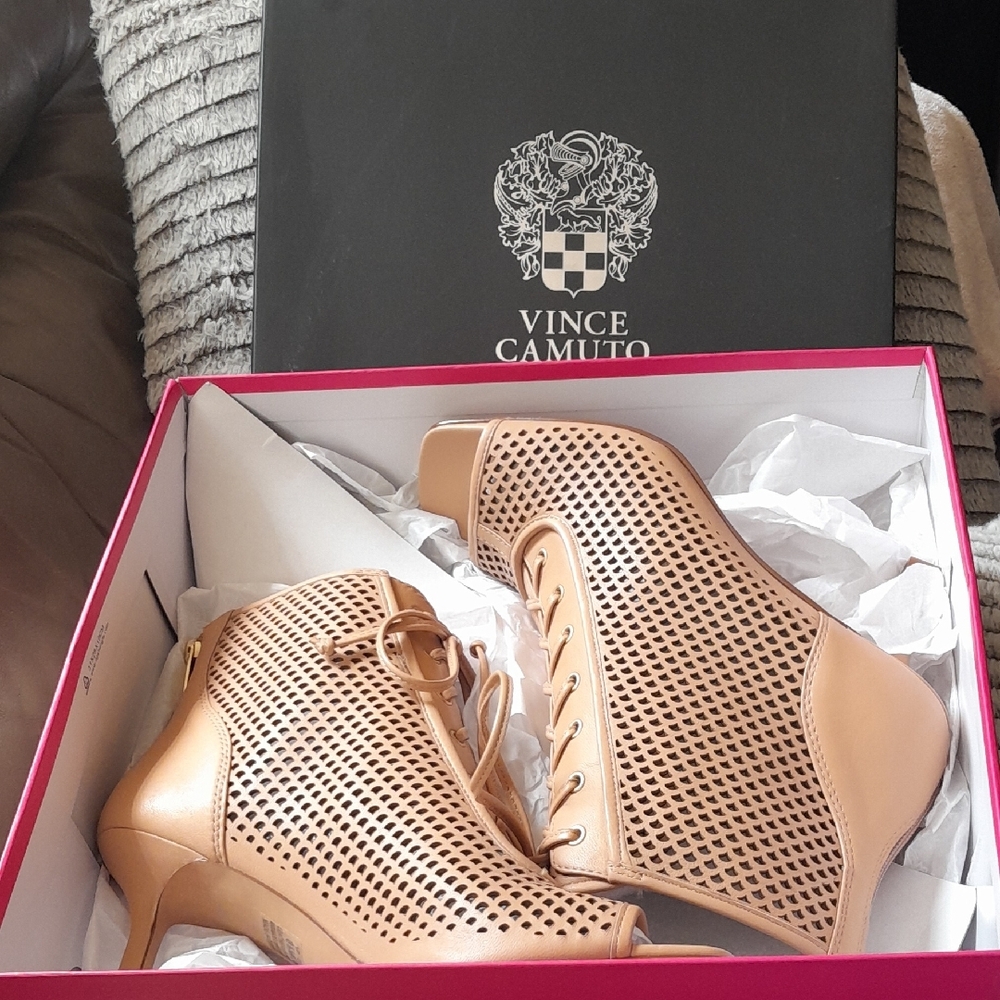 Vince Camuto Tan Heeled Boots with Perforated Design
